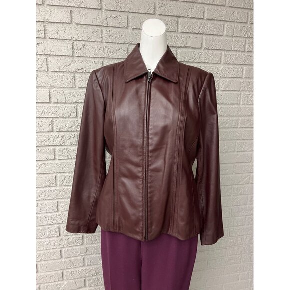 Preston & York Women Full Zip Front Burgundy Lamb Leather Jacket Size M - Picture 3 of 12